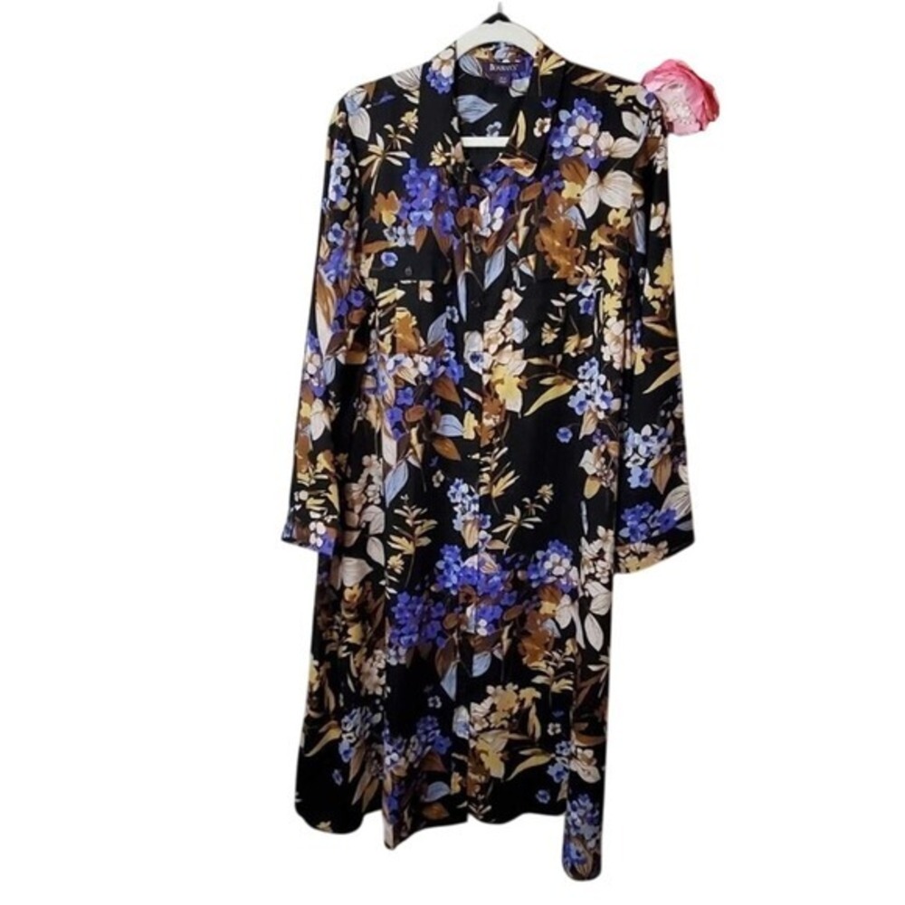 Roaman's Black‎ Blue Floral Print Long Sleeve Midi Dress Plus Size 20W New
